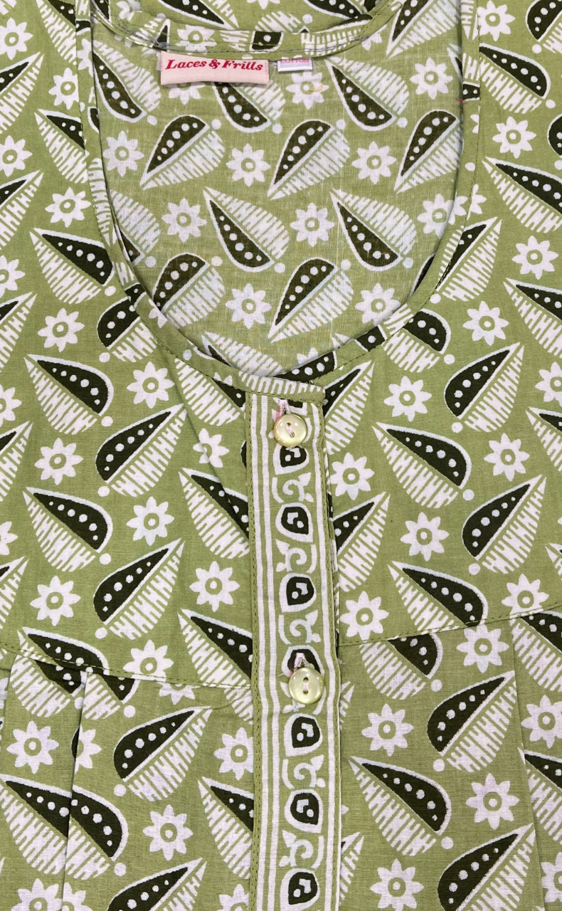 Pista Green Leafy Full Open Pure Cotton Nighty. Pure Cotton | Laces and Frills