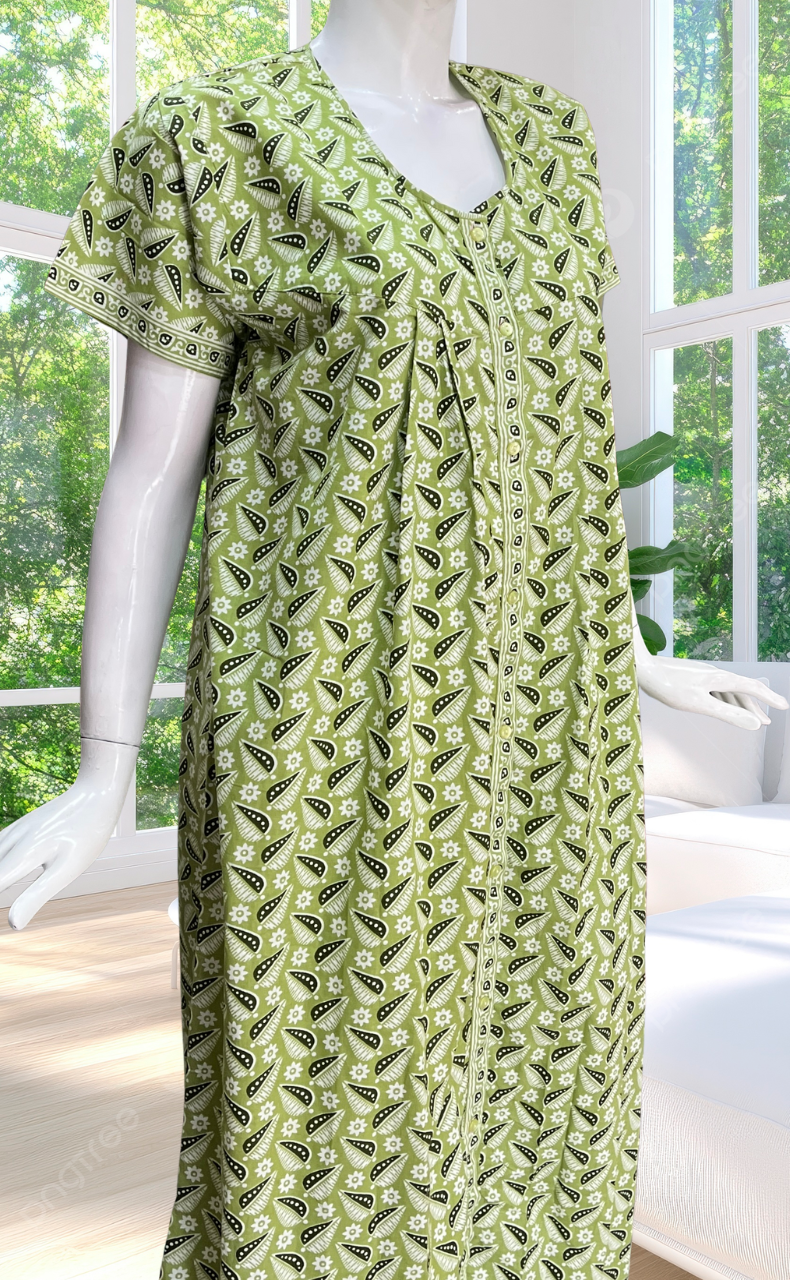 Pista Green Leafy Full Open Pure Cotton Nighty. Pure Cotton | Laces and Frills