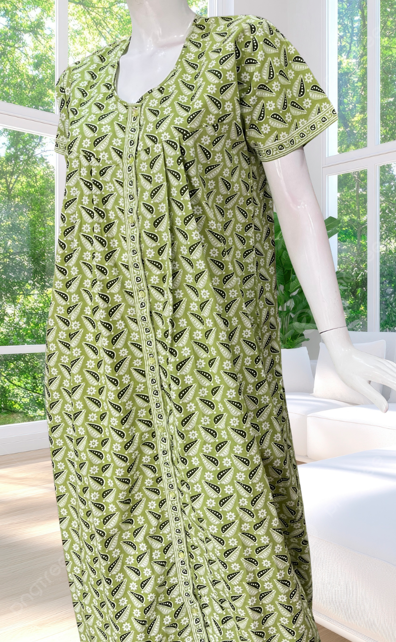 Pista Green Leafy Full Open Pure Cotton Nighty. Pure Cotton | Laces and Frills