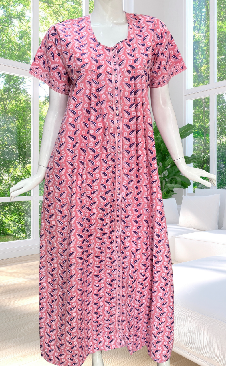 Pink Leafy Full Open Pure Cotton Nighty. Pure Cotton | Laces and Frills