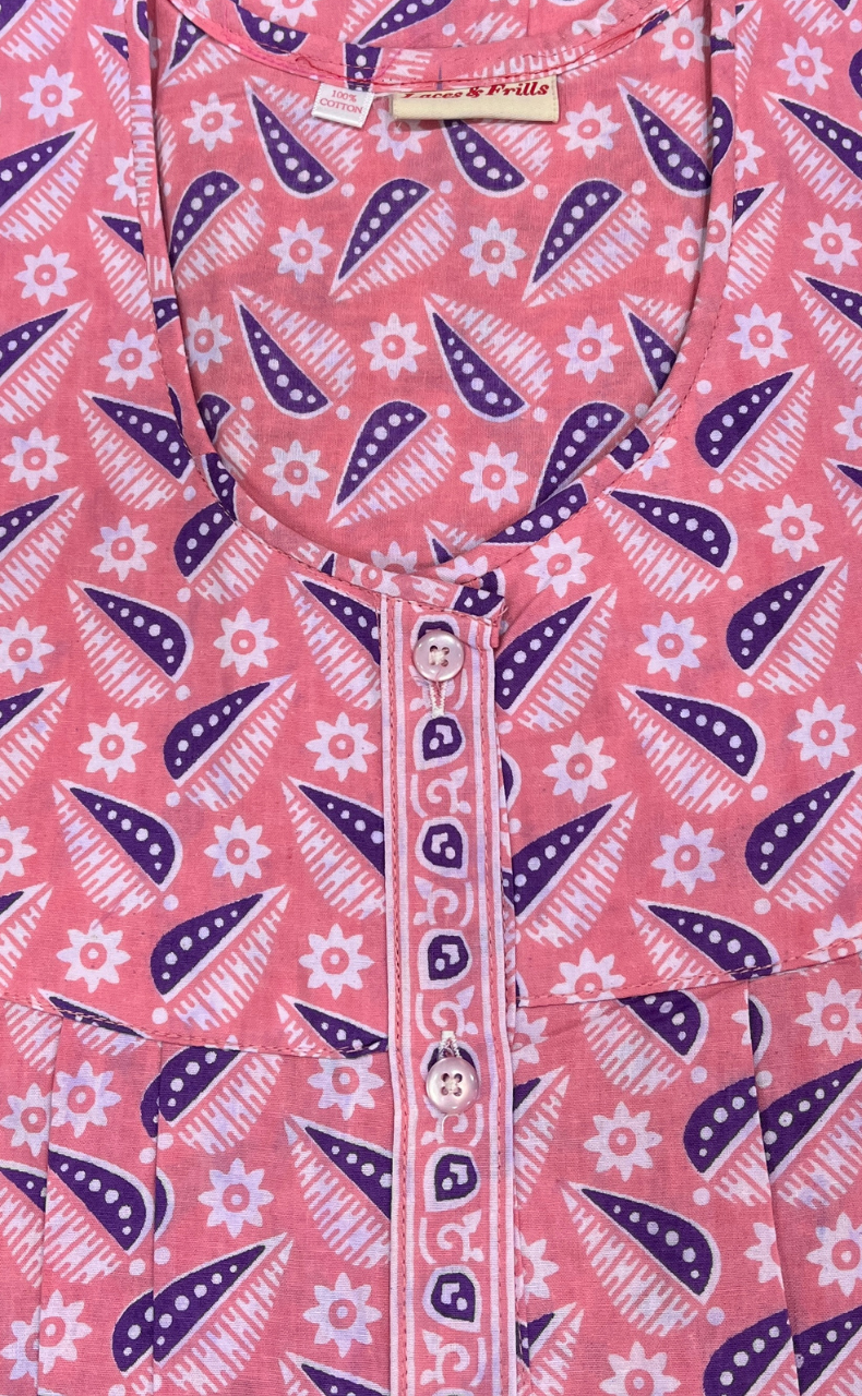 Pink Leafy Full Open Pure Cotton Nighty. Pure Cotton | Laces and Frills