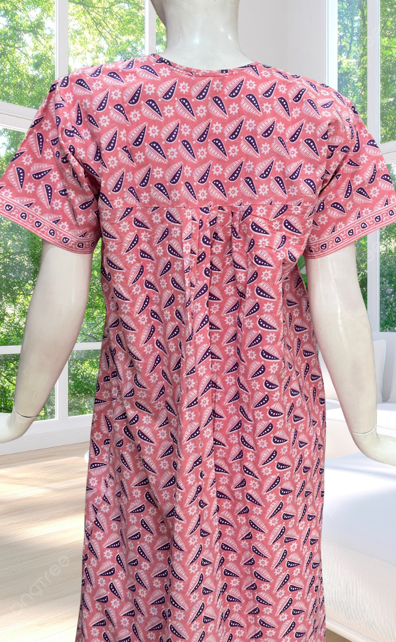 Pink Leafy Full Open Pure Cotton Nighty. Pure Cotton | Laces and Frills