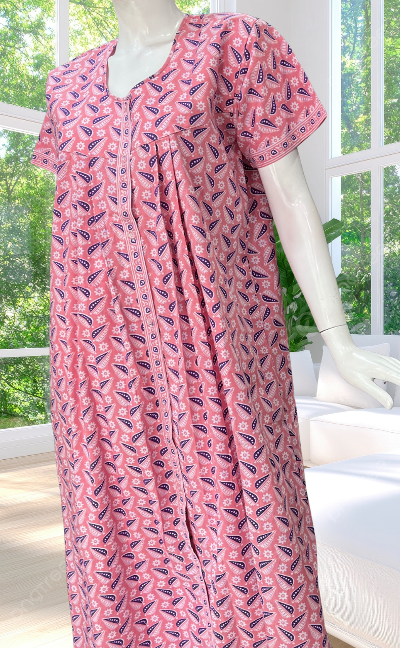 Pink Leafy Full Open Pure Cotton Nighty. Pure Cotton | Laces and Frills