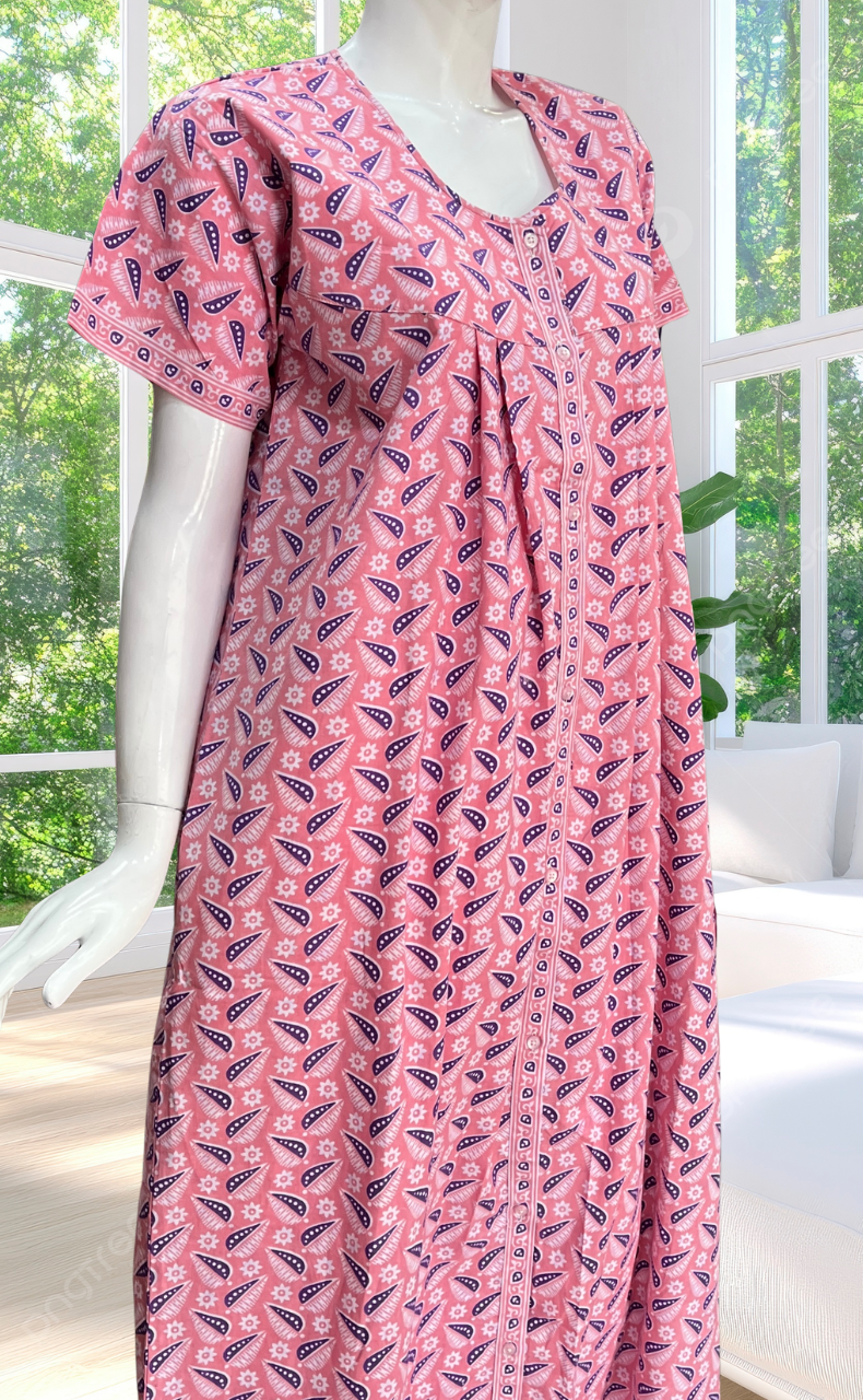 Pink Leafy Full Open Pure Cotton Nighty. Pure Cotton | Laces and Frills