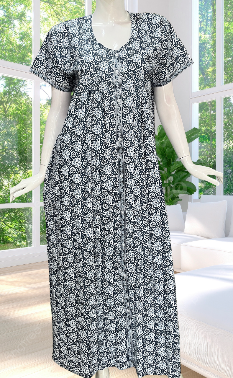 Grey Floral Full Open Pure Cotton Nighty. Pure Cotton | Laces and Frills