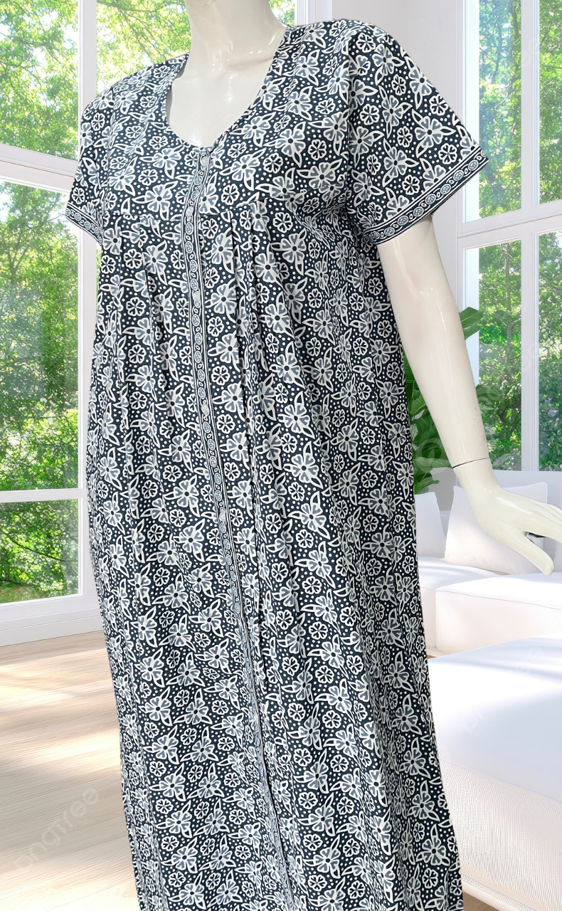 Grey Floral Full Open Pure Cotton Nighty. Pure Cotton | Laces and Frills