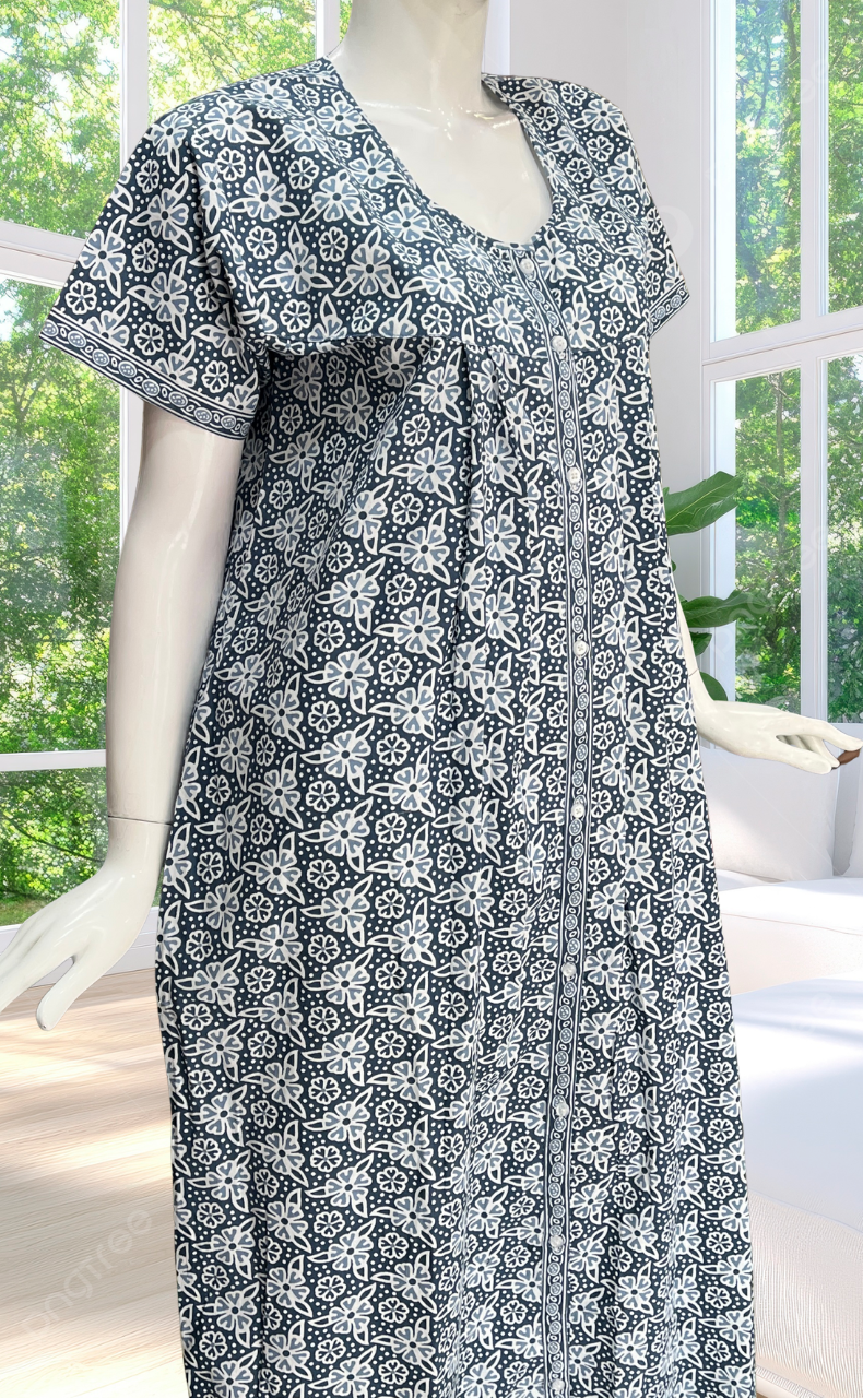 Grey Floral Full Open Pure Cotton Nighty. Pure Cotton | Laces and Frills