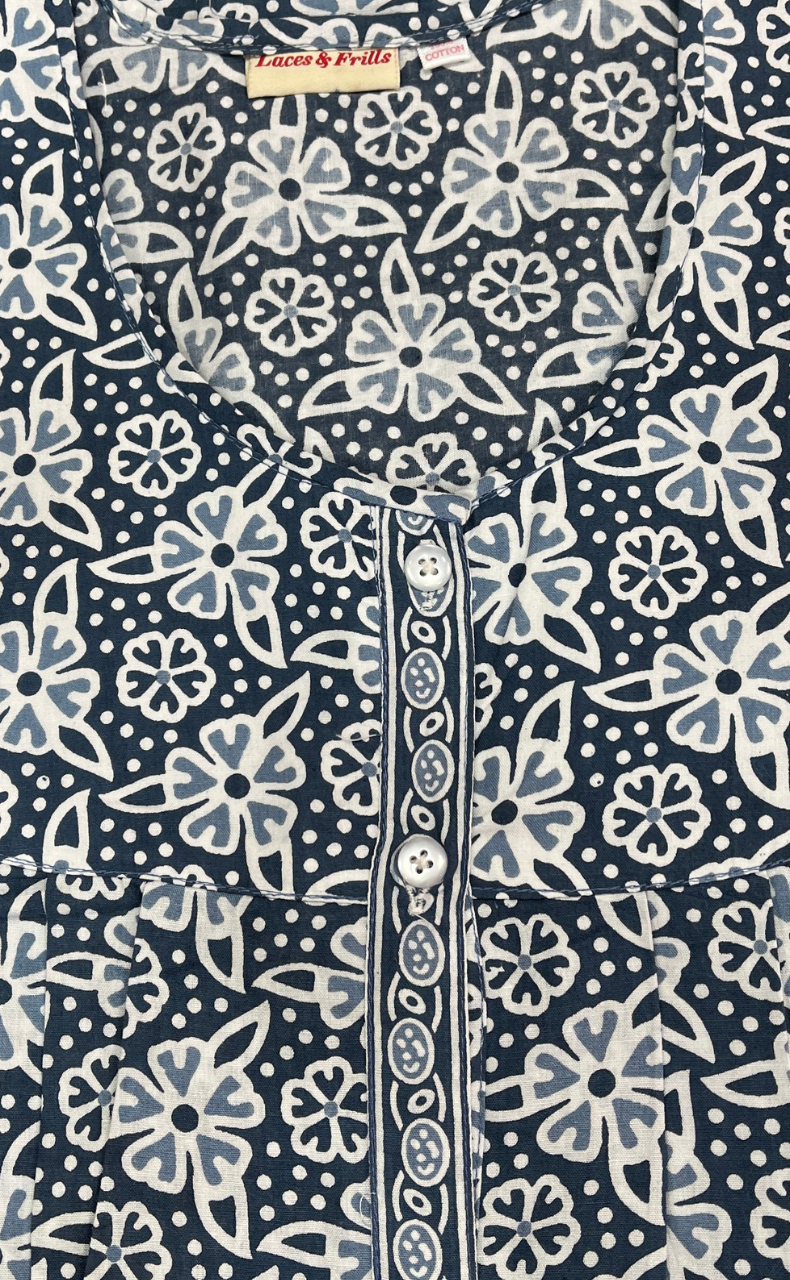 Grey Floral Full Open Pure Cotton Nighty. Pure Cotton | Laces and Frills