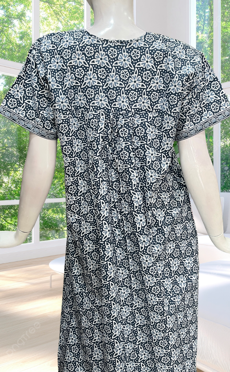 Grey Floral Full Open Pure Cotton Nighty. Pure Cotton | Laces and Frills