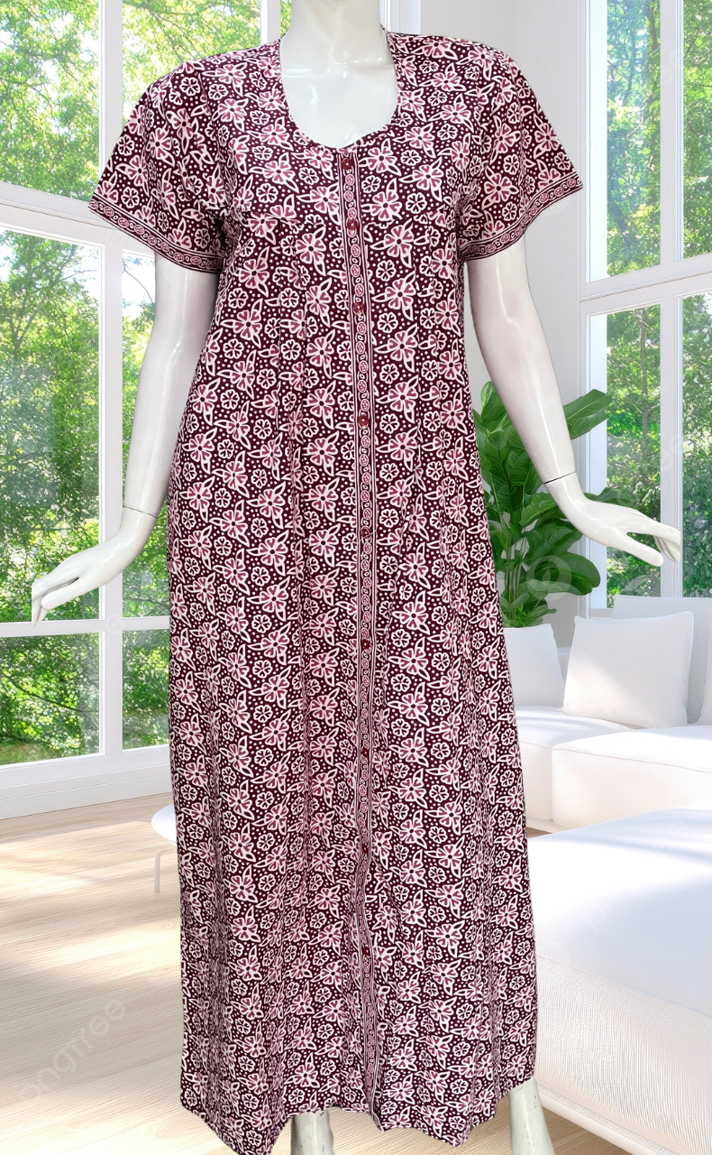 Maroon Floral Full Open Pure Cotton Nighty. Pure Cotton | Laces and Frills