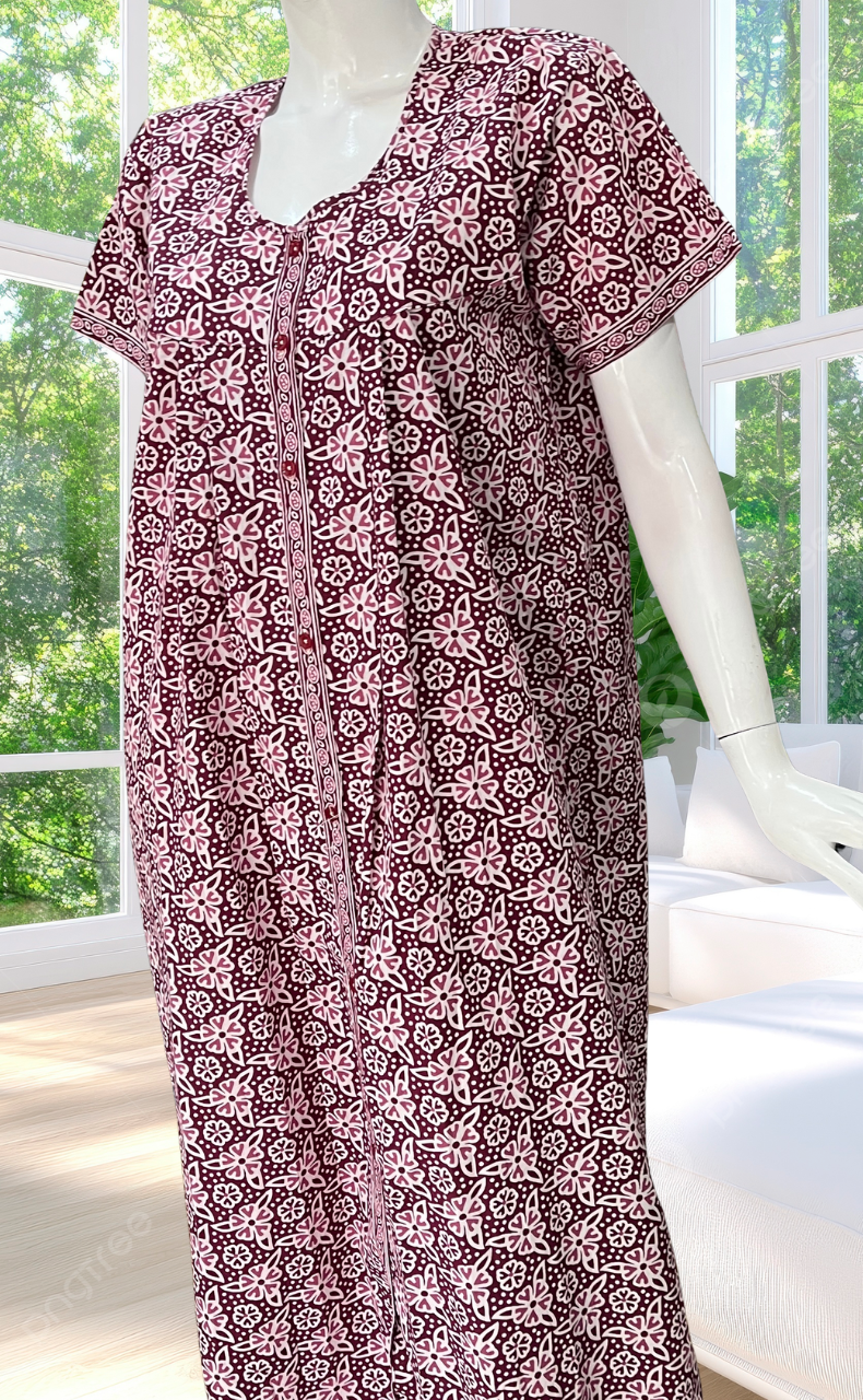Maroon Floral Full Open Pure Cotton Nighty. Pure Cotton | Laces and Frills