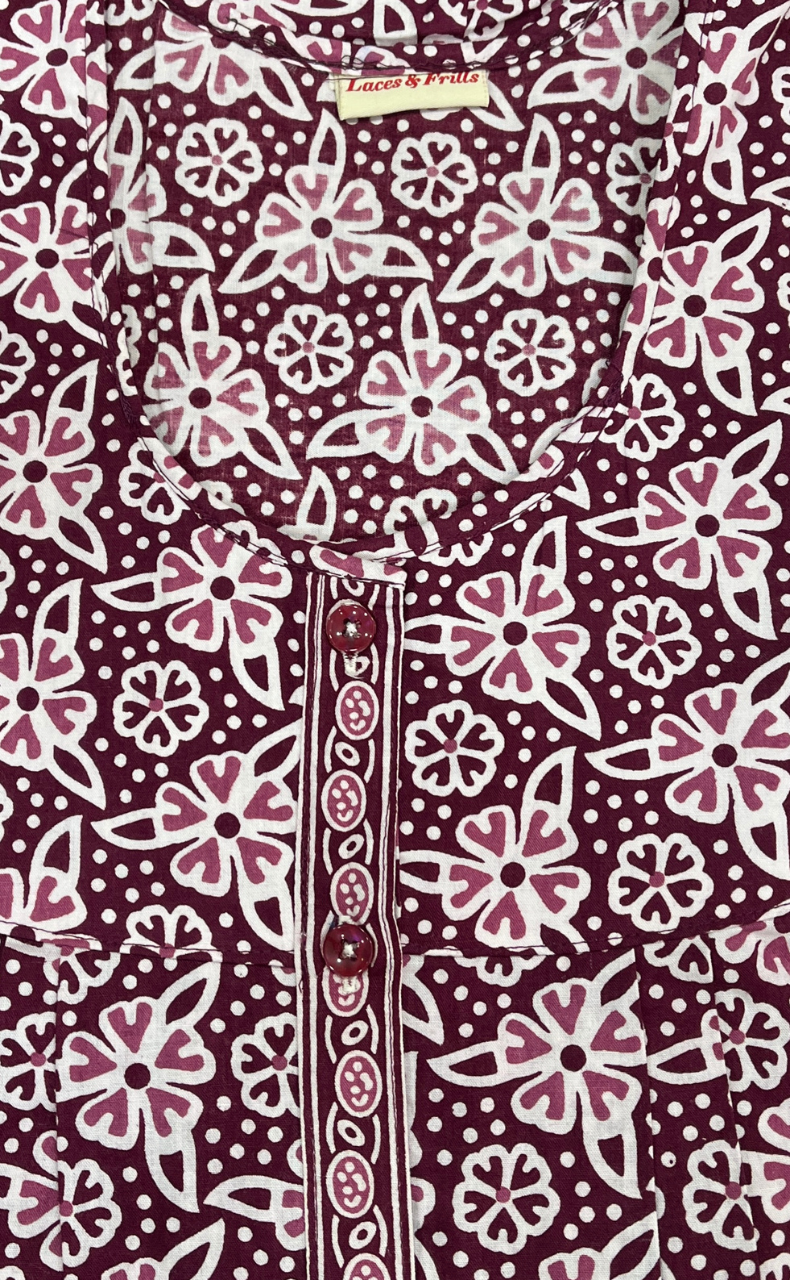 Maroon Floral Full Open Pure Cotton Nighty. Pure Cotton | Laces and Frills