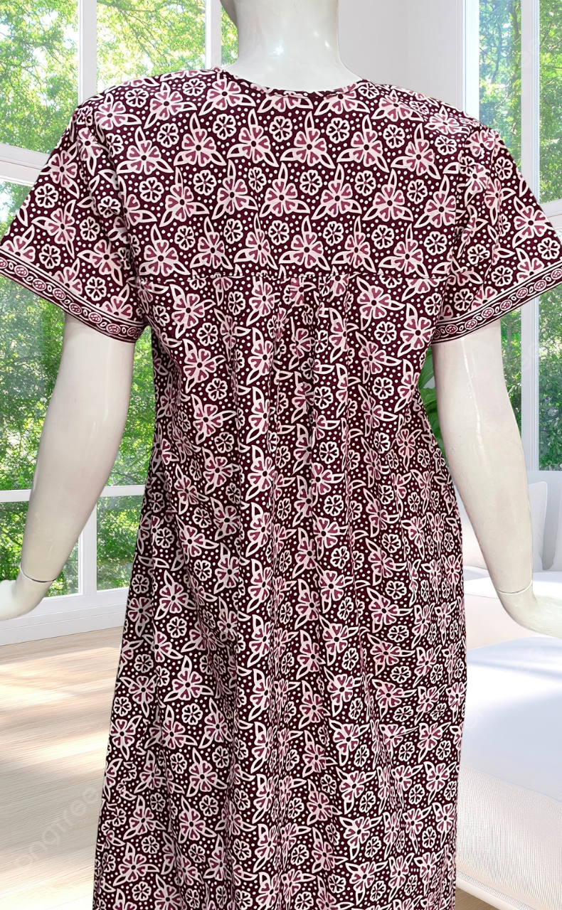 Maroon Floral Full Open Pure Cotton Nighty. Pure Cotton | Laces and Frills