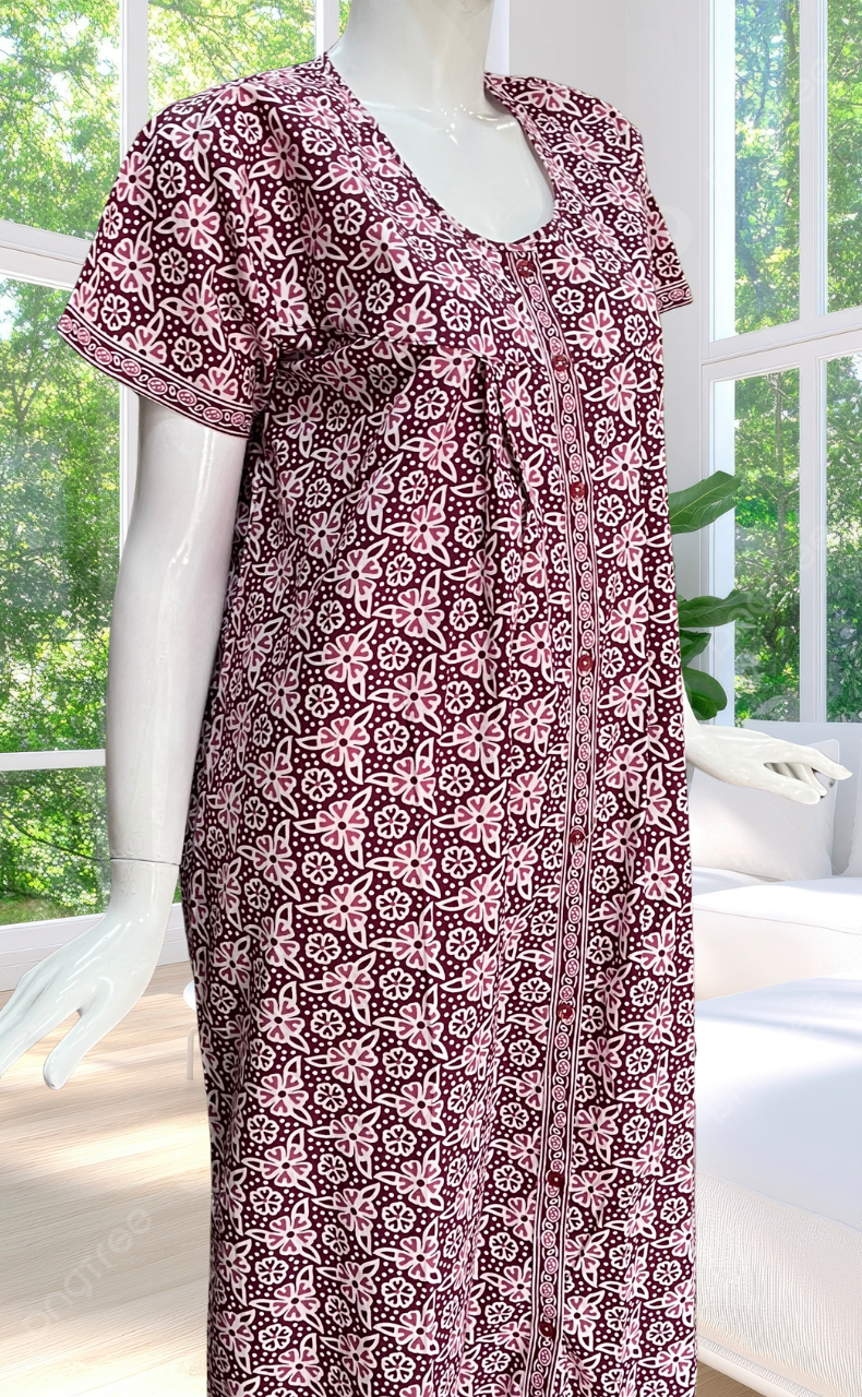 Maroon Floral Full Open Pure Cotton Nighty. Pure Cotton | Laces and Frills
