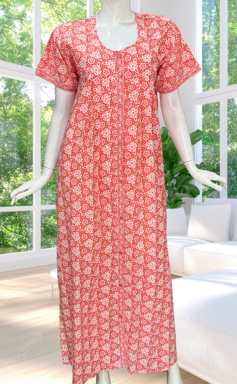 Peach Floral Full Open Pure Cotton Nighty. Pure Cotton | Laces and Frills