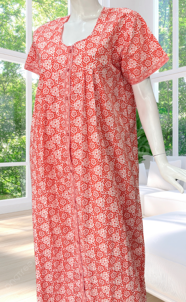 Peach Floral Full Open Pure Cotton Nighty. Pure Cotton | Laces and Frills
