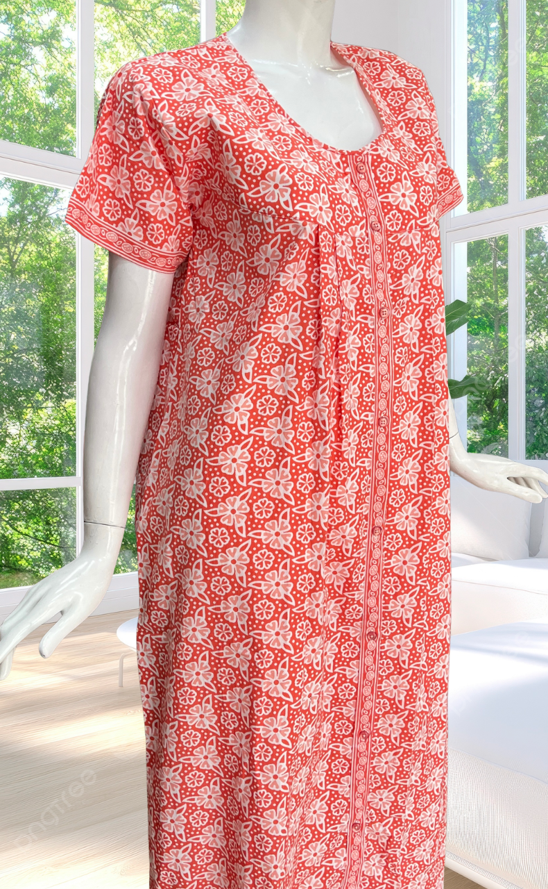 Peach Floral Full Open Pure Cotton Nighty. Pure Cotton | Laces and Frills