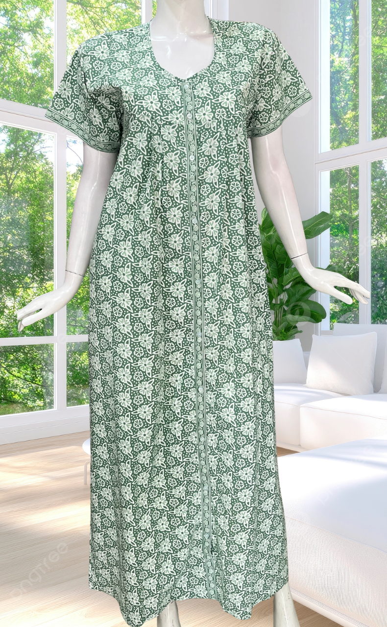 Pista Green Floral Full Open Pure Cotton Nighty. Pure Cotton | Laces and Frills