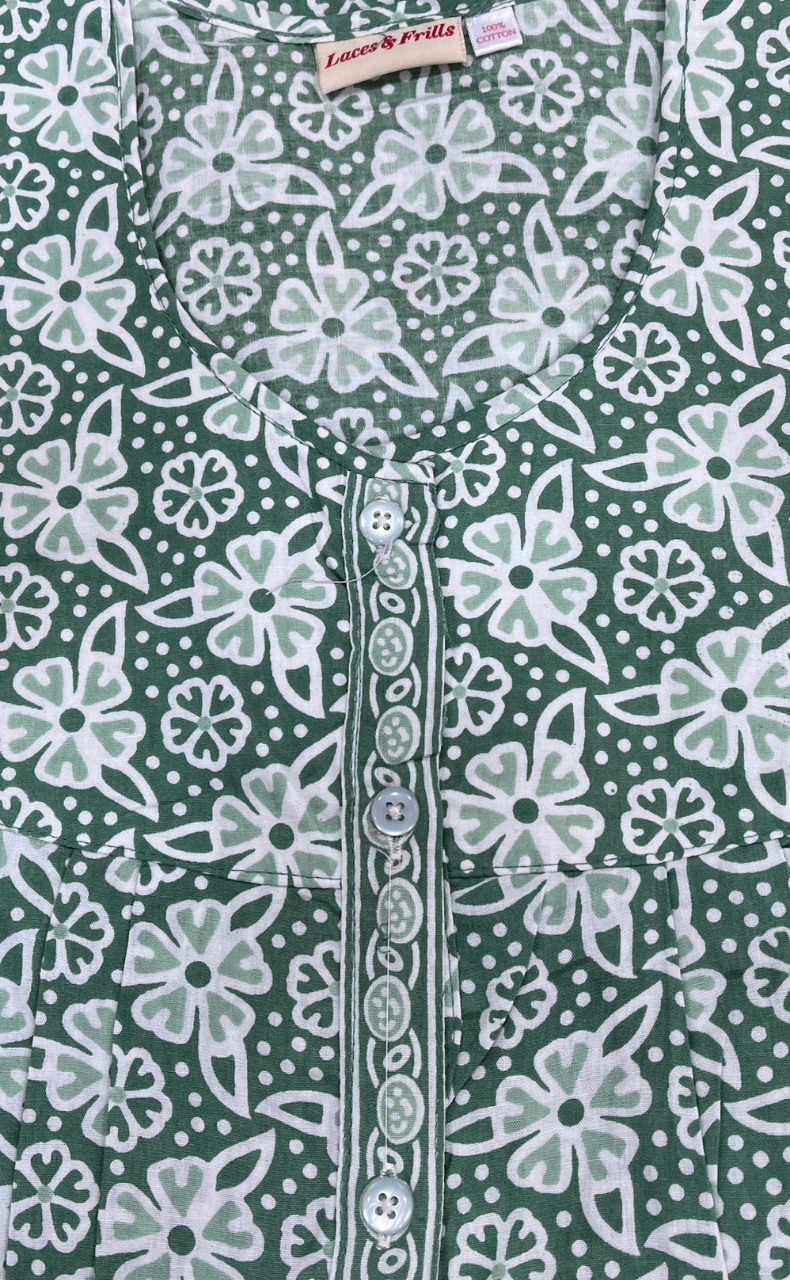 Pista Green Floral Full Open Pure Cotton Nighty. Pure Cotton | Laces and Frills