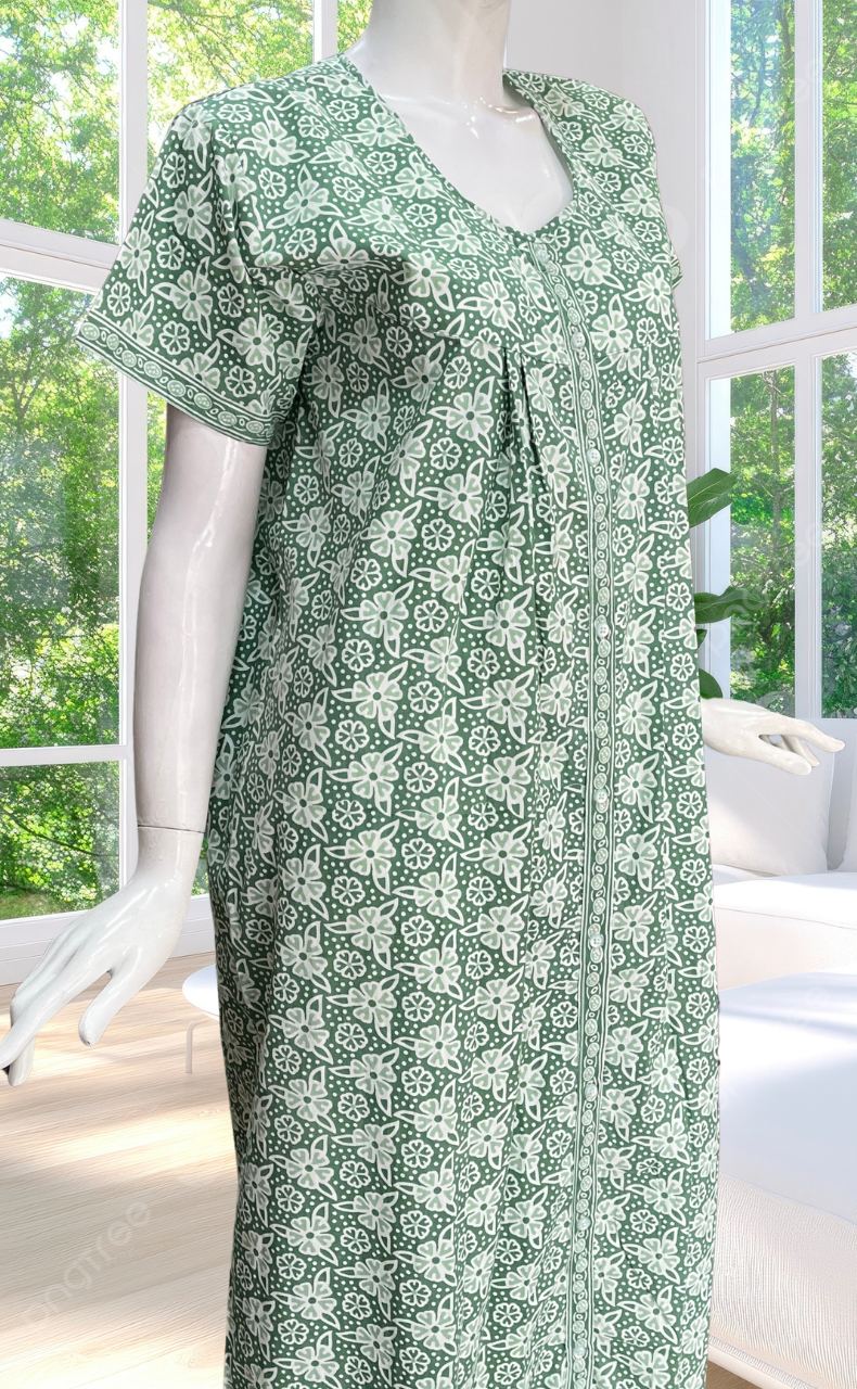 Pista Green Floral Full Open Pure Cotton Nighty. Pure Cotton | Laces and Frills