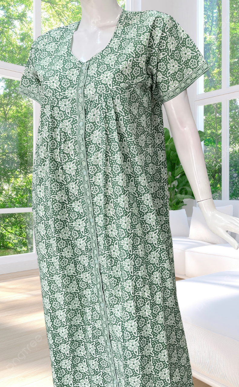 Pista Green Floral Full Open Pure Cotton Nighty. Pure Cotton | Laces and Frills