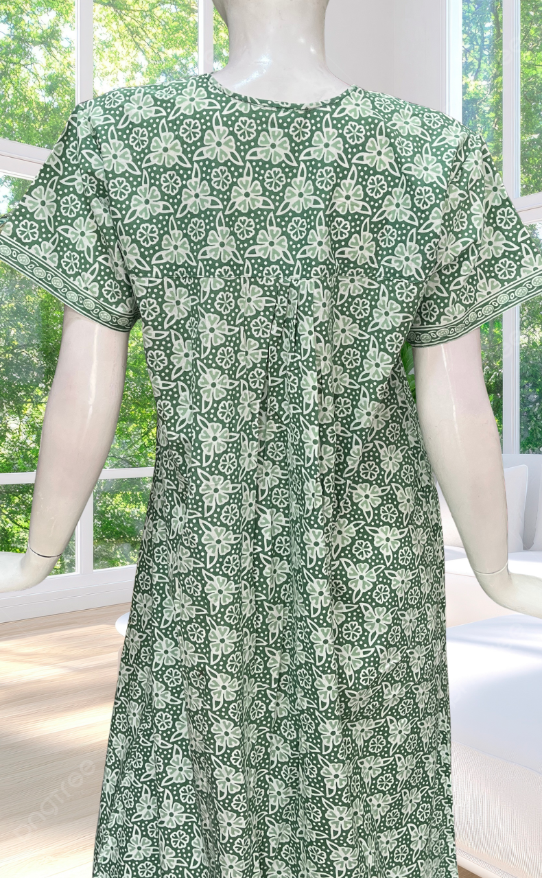 Pista Green Floral Full Open Pure Cotton Nighty. Pure Cotton | Laces and Frills
