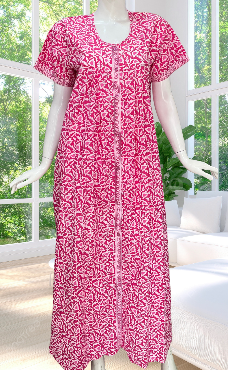 Pink Floral Full Open Pure Cotton Nighty. Pure Cotton | Laces and Frills