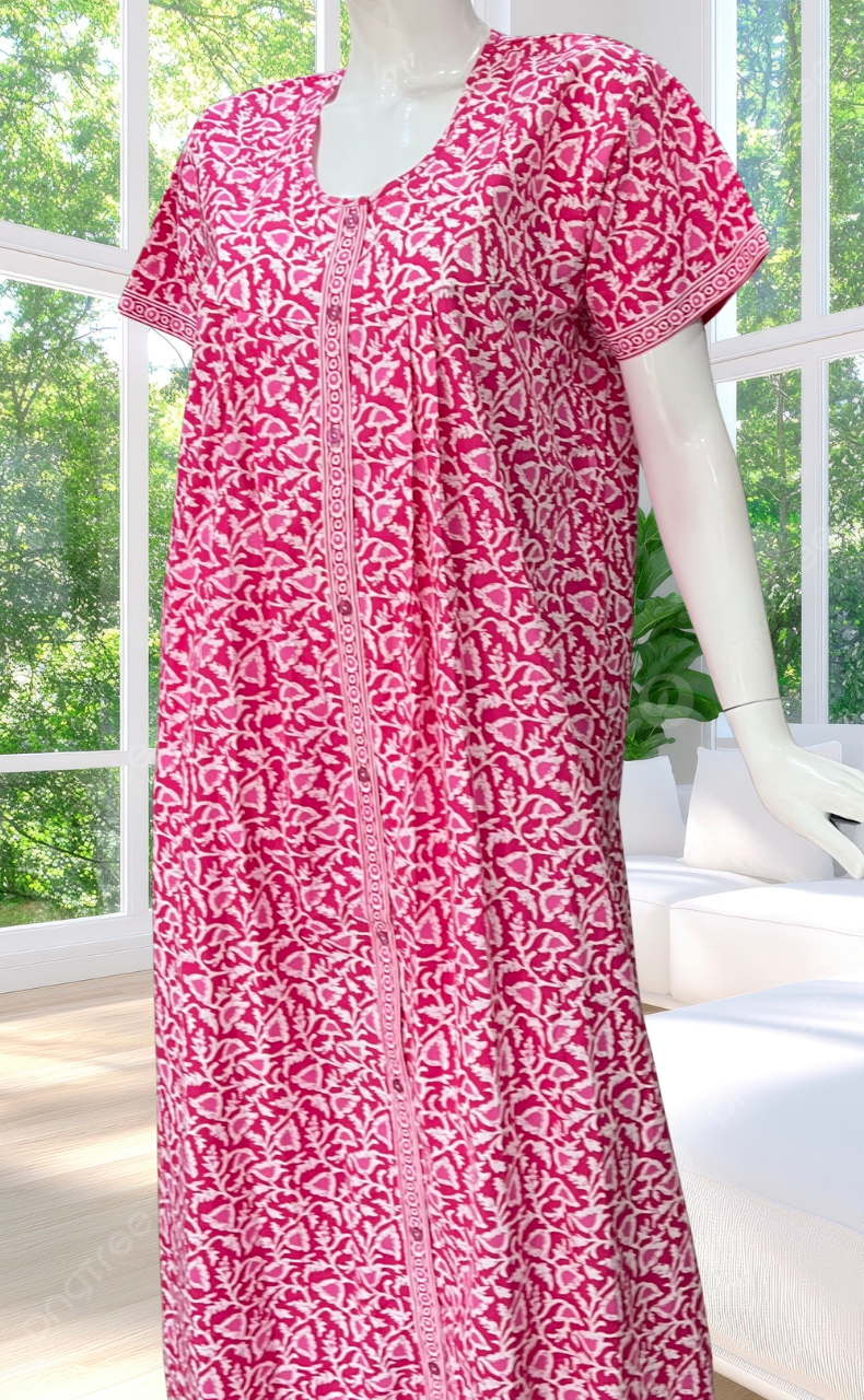 Pink Floral Full Open Pure Cotton Nighty. Pure Cotton | Laces and Frills
