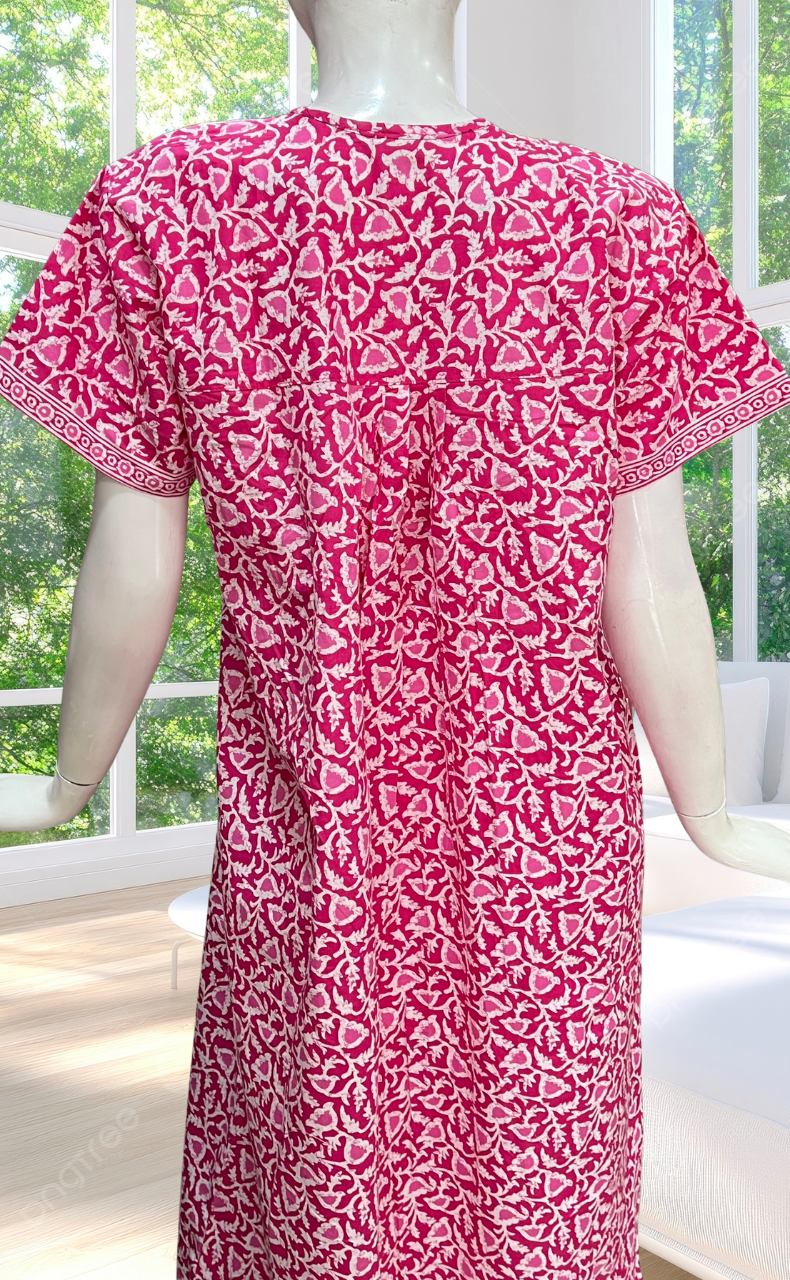 Pink Floral Full Open Pure Cotton Nighty. Pure Cotton | Laces and Frills