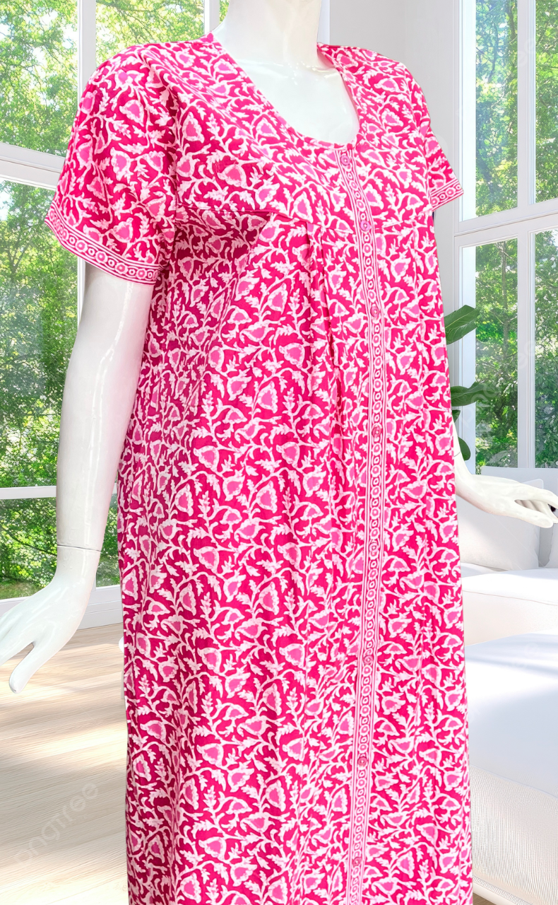 Pink Floral Full Open Pure Cotton Nighty. Pure Cotton | Laces and Frills