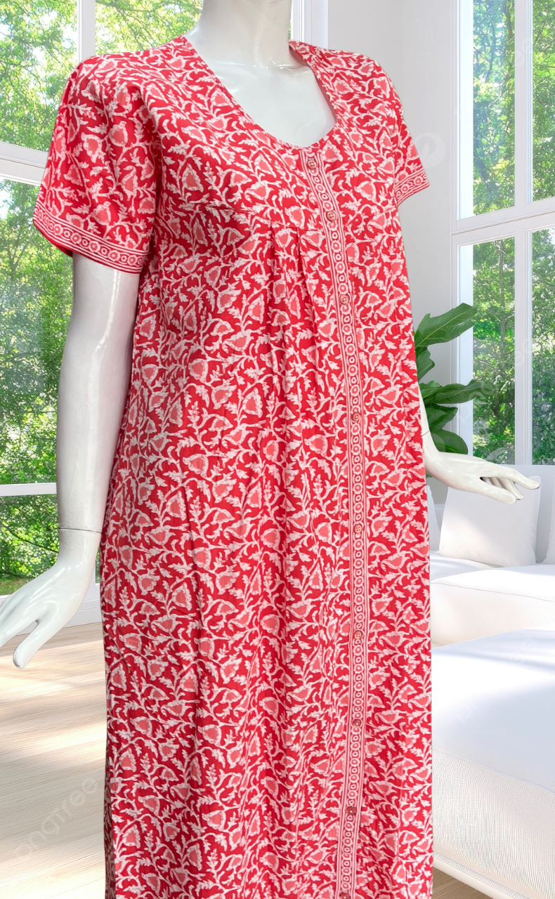 Peach Floral Full Open Pure Cotton Nighty. Pure Cotton | Laces and Frills