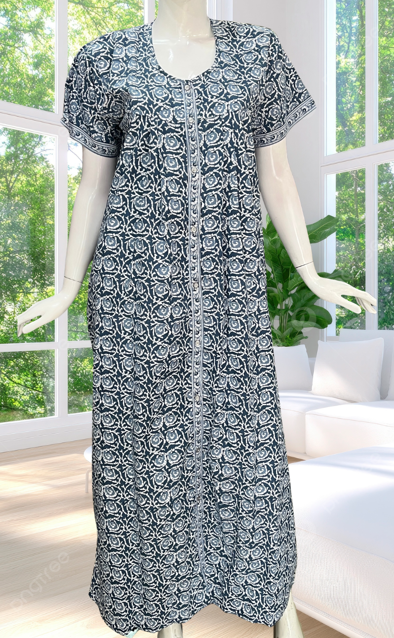 Grey Floral Full Open Pure Cotton Nighty. Pure Cotton | Laces and Frills