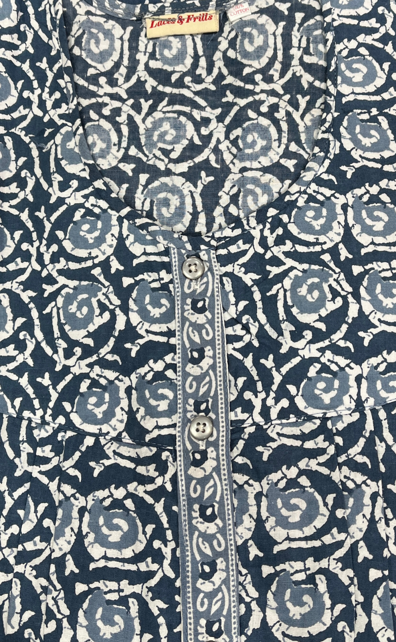 Grey Floral Full Open Pure Cotton Nighty. Pure Cotton | Laces and Frills