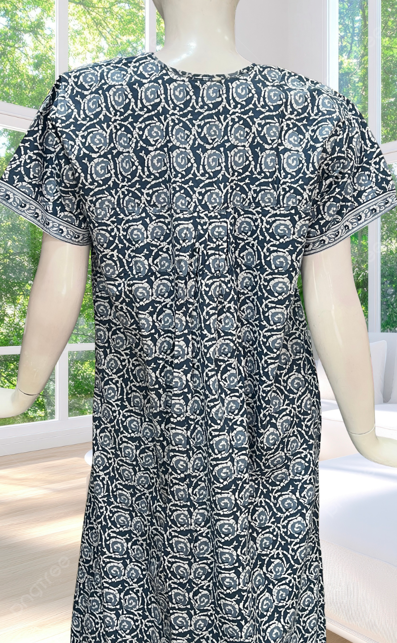 Grey Floral Full Open Pure Cotton Nighty. Pure Cotton | Laces and Frills