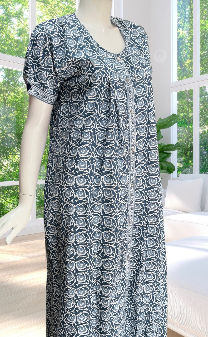 Grey Floral Full Open Pure Cotton Nighty. Pure Cotton | Laces and Frills