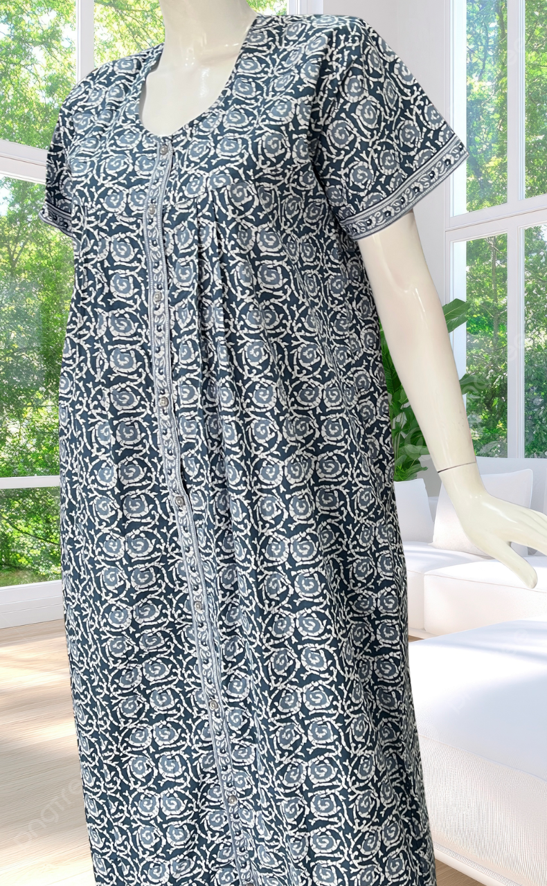 Grey Floral Full Open Pure Cotton Nighty. Pure Cotton | Laces and Frills