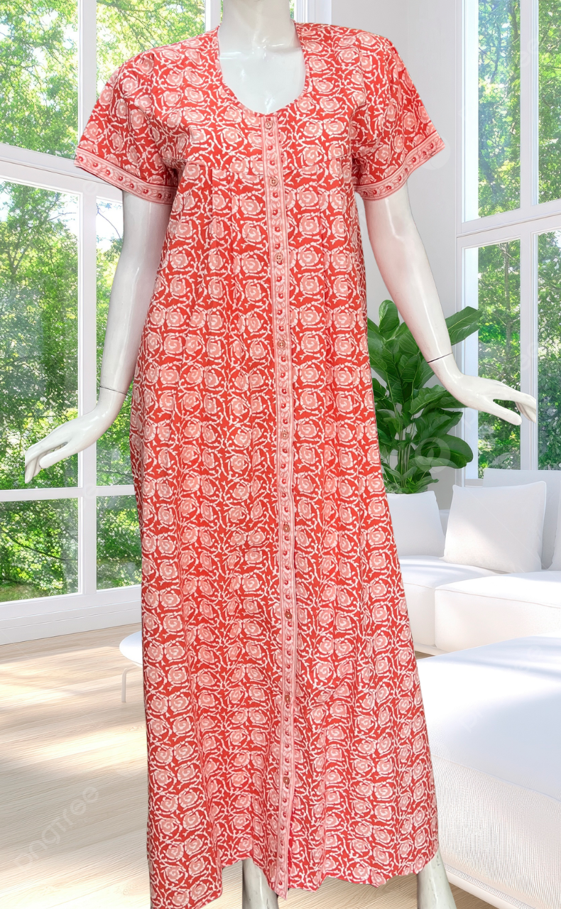 Peach Floral Full Open Pure Cotton Nighty. Pure Cotton | Laces and Frills