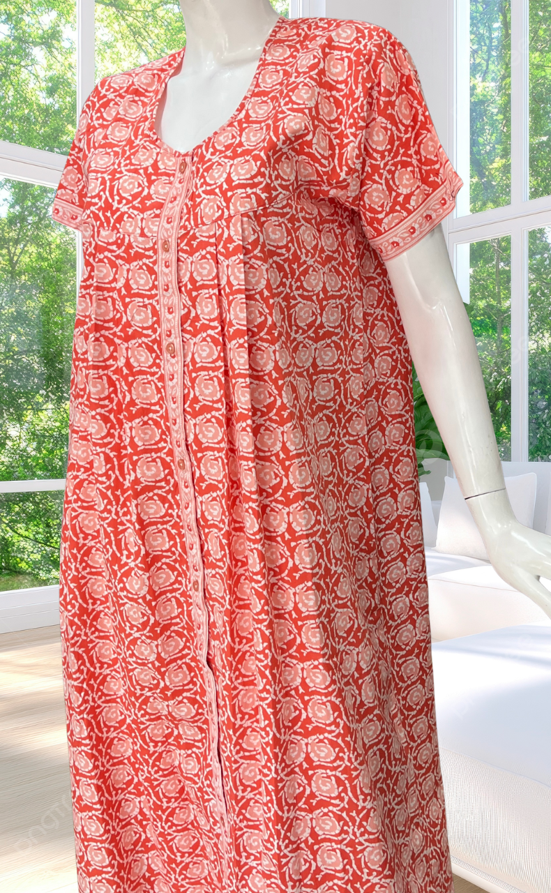 Peach Floral Full Open Pure Cotton Nighty. Pure Cotton | Laces and Frills