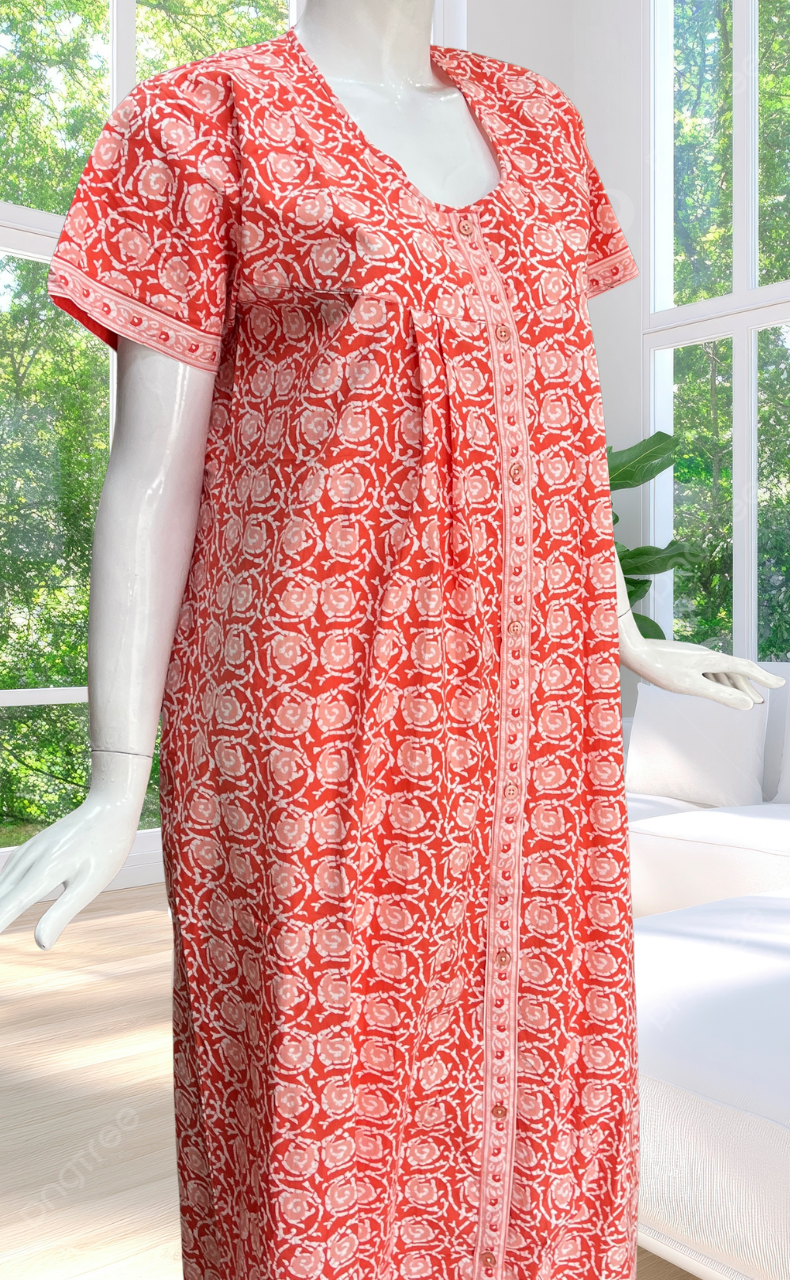 Peach Floral Full Open Pure Cotton Nighty. Pure Cotton | Laces and Frills