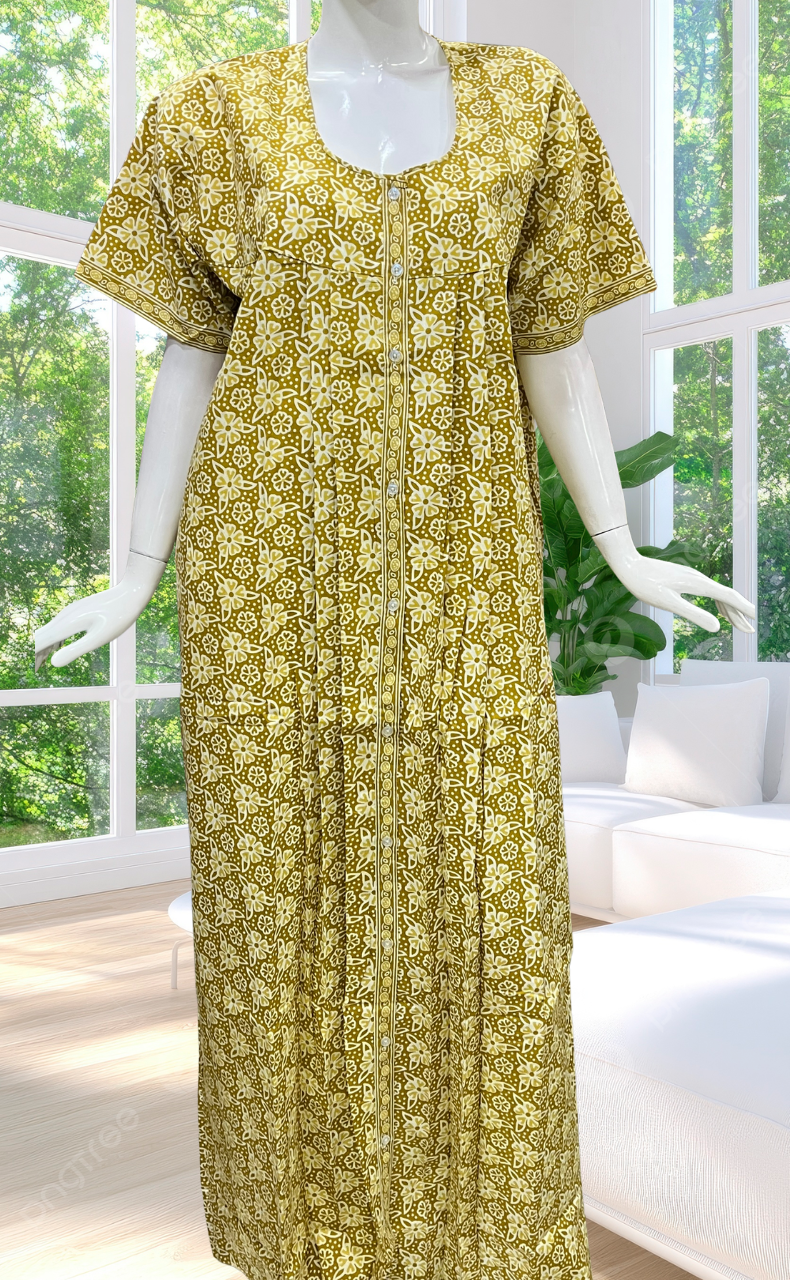 Yellow Floral Full Open Pure Cotton Nighty. Pure Cotton | Laces and Frills