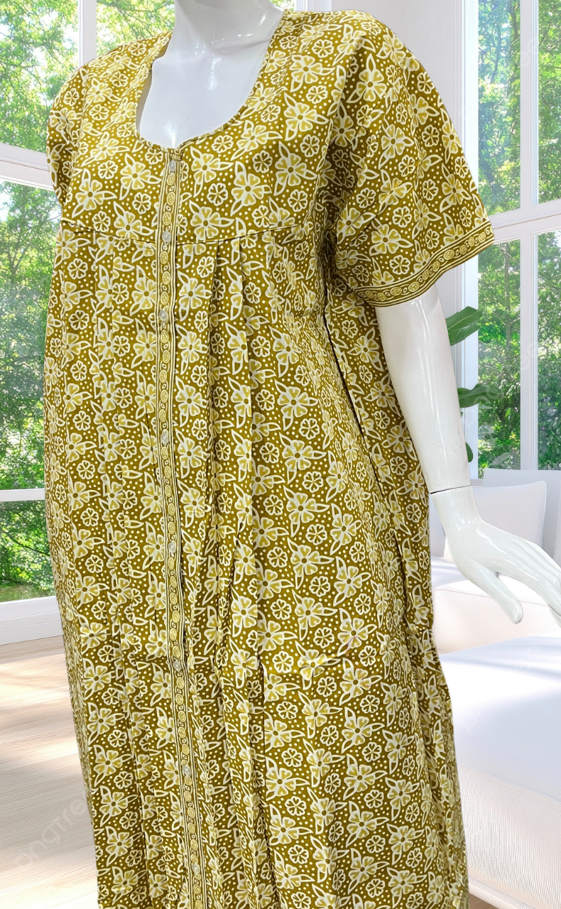 Yellow Floral Full Open Pure Cotton Nighty. Pure Cotton | Laces and Frills