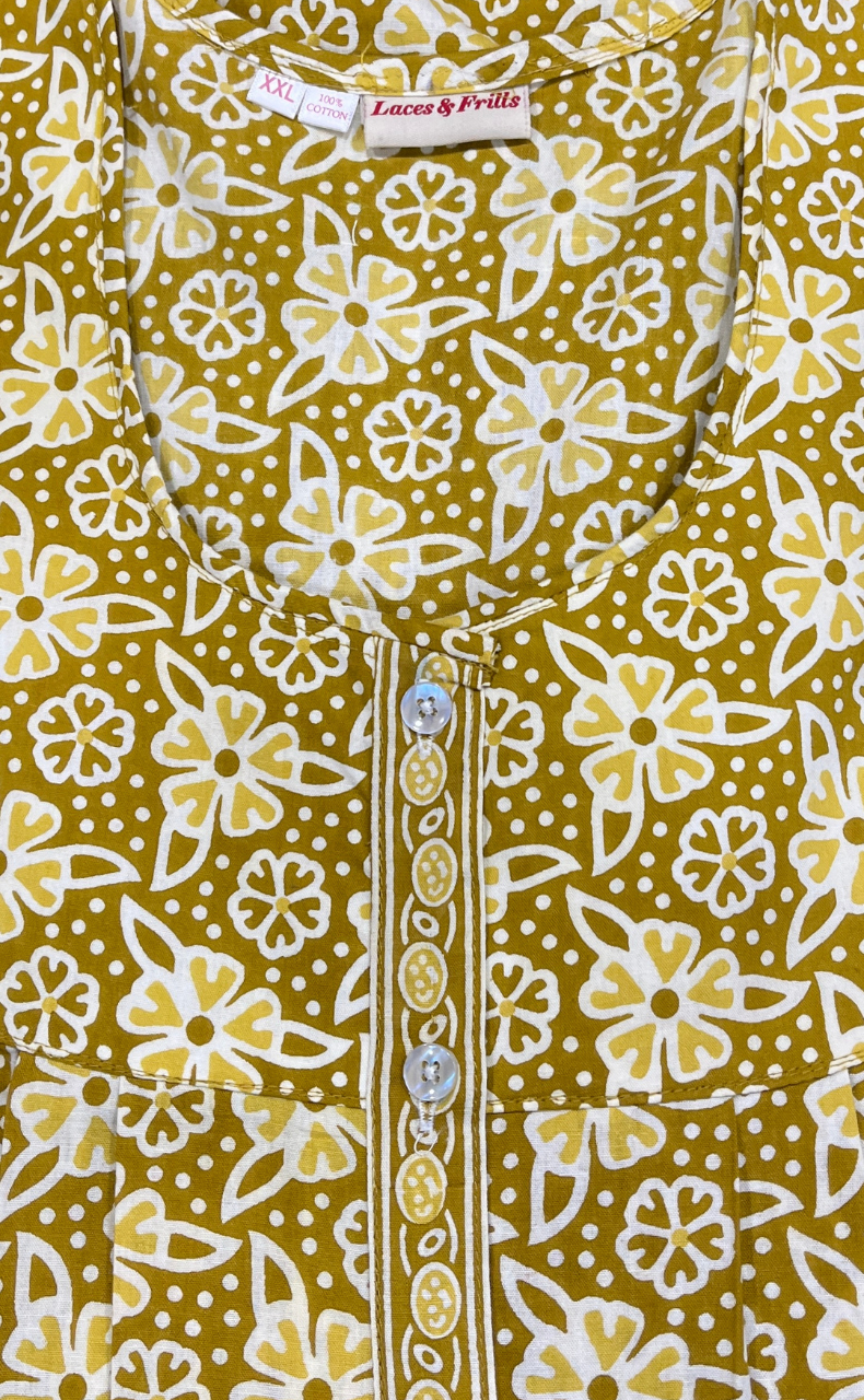Yellow Floral Full Open Pure Cotton Nighty. Pure Cotton | Laces and Frills