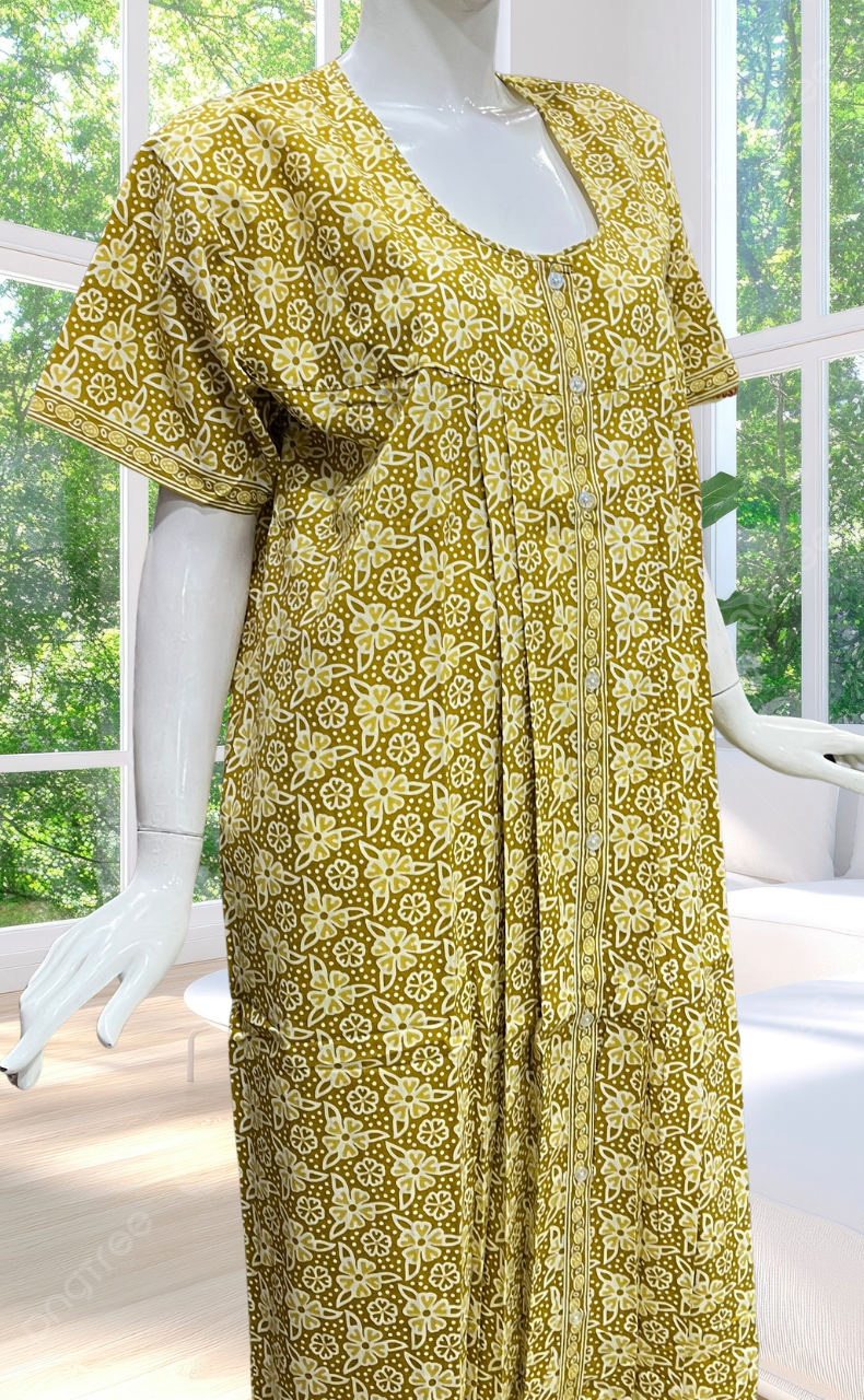 Yellow Floral Full Open Pure Cotton Nighty. Pure Cotton | Laces and Frills