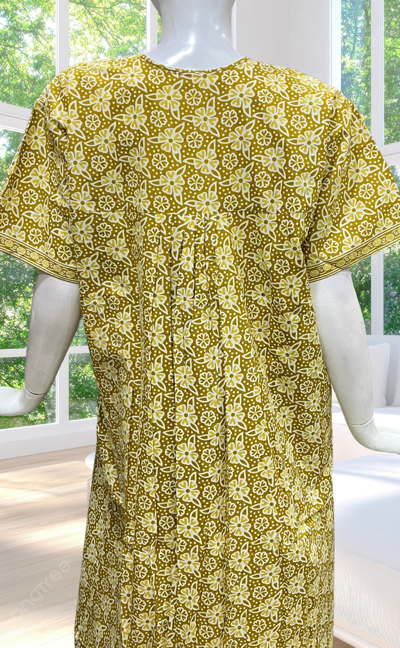 Yellow Floral Full Open Pure Cotton Nighty. Pure Cotton | Laces and Frills