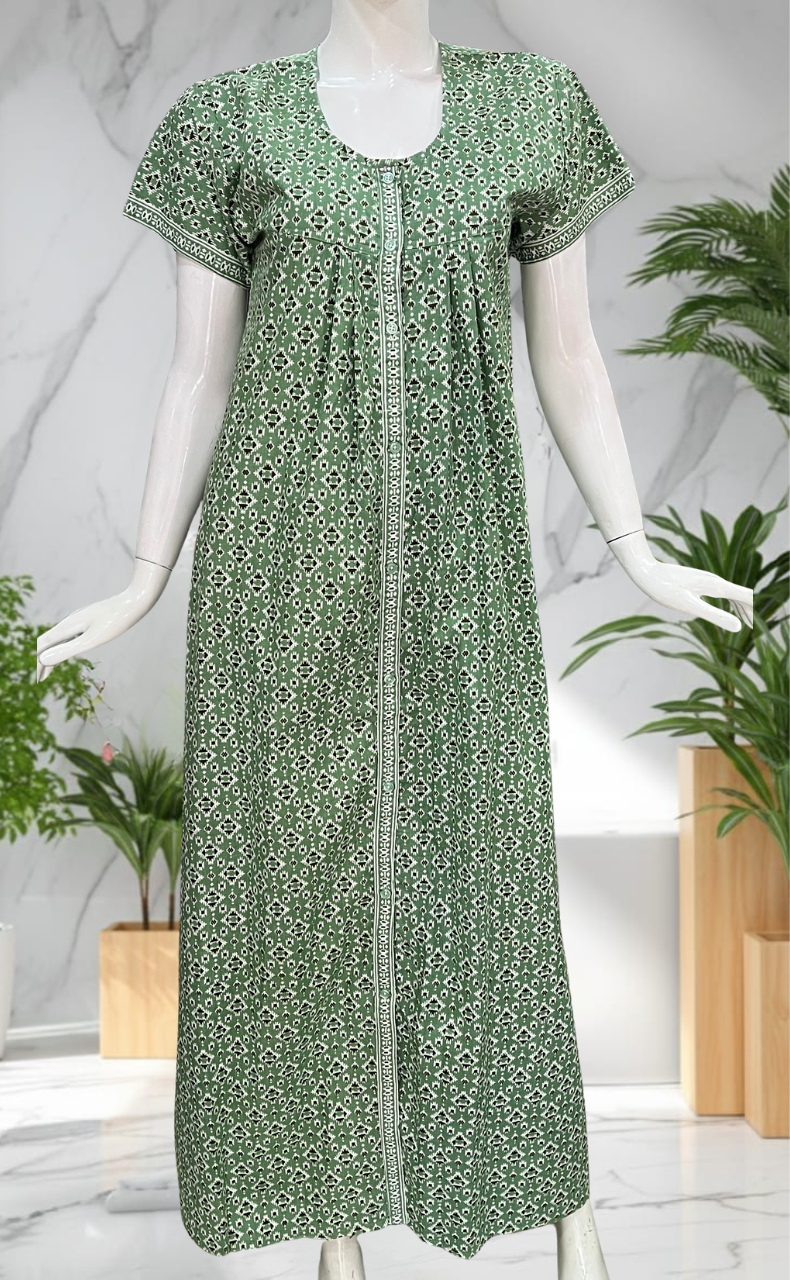 Pista Green Abstract Full Open Pure Cotton Nighty. Pure Cotton | Laces and Frills