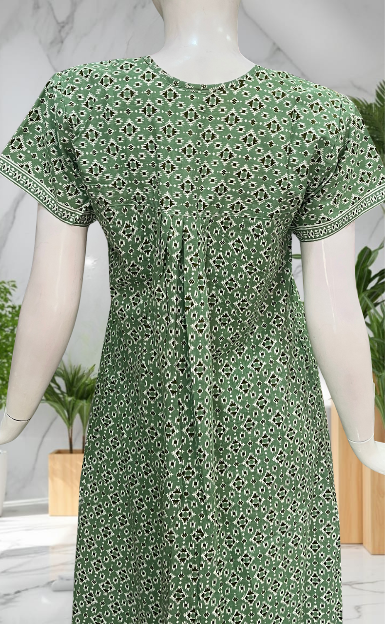 Pista Green Abstract Full Open Pure Cotton Nighty. Pure Cotton | Laces and Frills