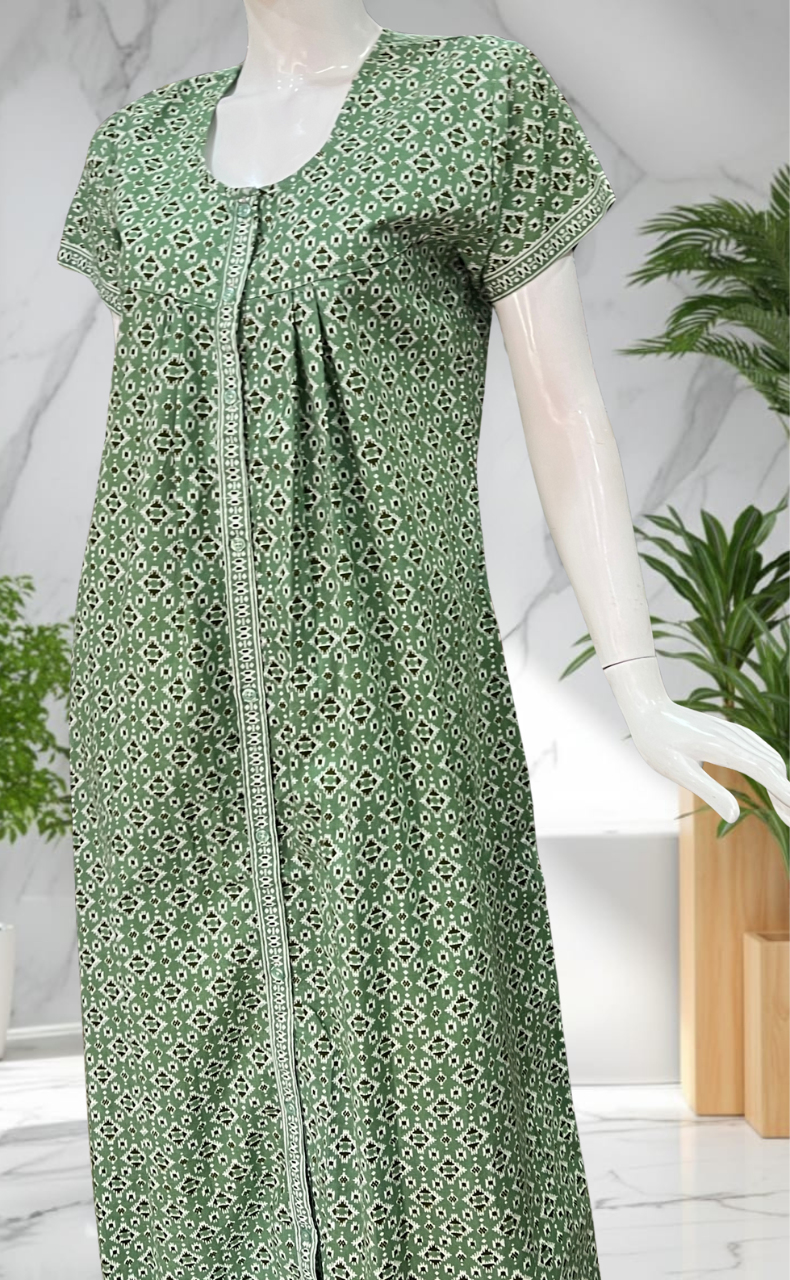Pista Green Abstract Full Open Pure Cotton Nighty. Pure Cotton | Laces and Frills