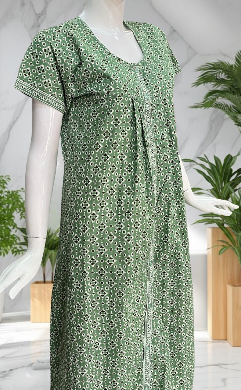 Pista Green Abstract Full Open Pure Cotton Nighty. Pure Cotton | Laces and Frills