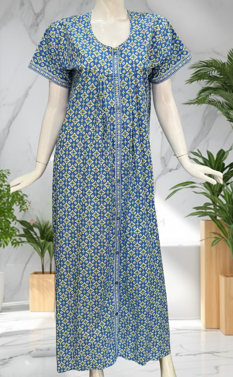 Blue Abstract Full Open Pure Cotton Nighty. Pure Cotton | Laces and Frills