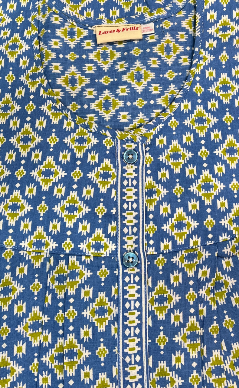 Blue Abstract Full Open Pure Cotton Nighty. Pure Cotton | Laces and Frills